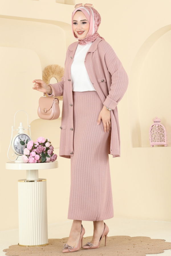 Modaselvim Kombin Düğme Detaylı Etekli Takım 2756AYD574 Pudra