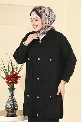 moda selvim Düğme Detaylı Etekli Takım 2756AYD574 Siyah - Thumbnail