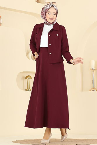 moda selvim Düğme Detaylı Etekli Takım 2776SL432 Bordo - Thumbnail