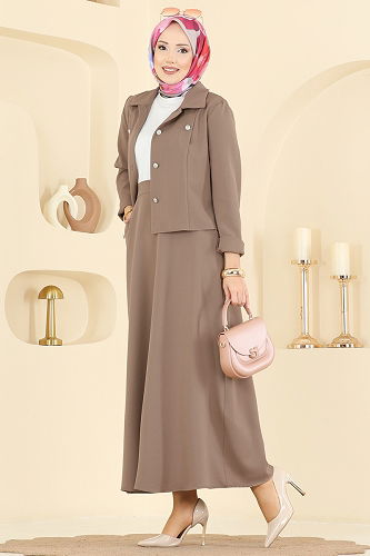 moda selvim Düğme Detaylı Etekli Takım 2776SL432 Koyu Vizyon - Thumbnail