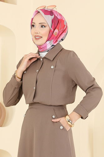 moda selvim Düğme Detaylı Etekli Takım 2776SL432 Koyu Vizyon - Thumbnail