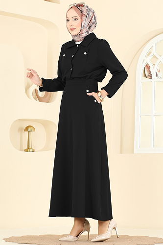 moda selvim Düğme Detaylı Etekli Takım 2776SL432 Siyah - Thumbnail