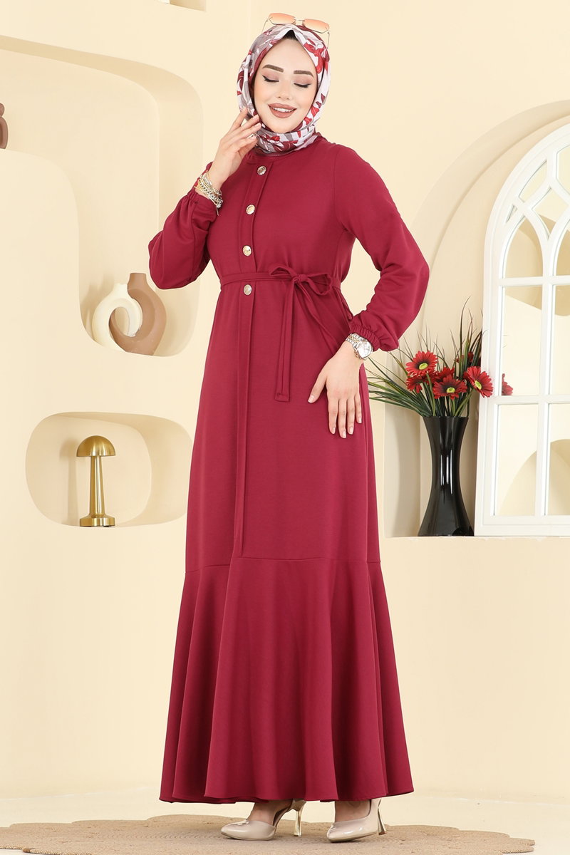 Düğme Detaylı İki İp Elbise 0050UZ662 Bordo