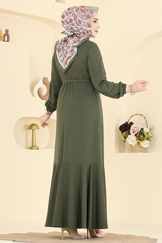 moda selvim Düğme Detaylı İki İp Elbise 0050UZ662 Haki - Thumbnail