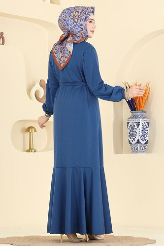 moda selvim Düğme Detaylı İki İp Elbise 0050UZ662 İndigo - Thumbnail