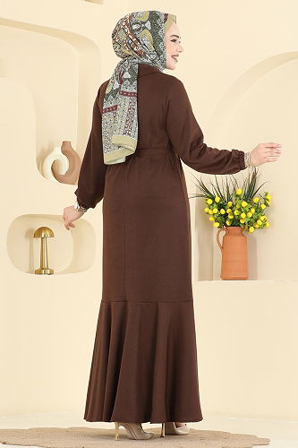 moda selvim Düğme Detaylı İki İp Elbise 0050UZ662 Kahve - Thumbnail
