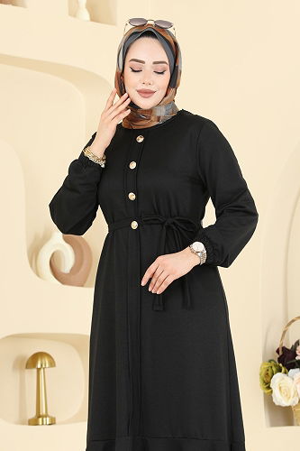 moda selvim Düğme Detaylı İki İp Elbise 0050UZ662 Siyah - Thumbnail