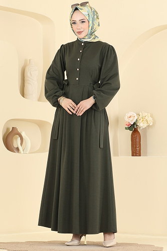 moda selvim Düğme Detaylı Kemerli Elbise 24045UKBK1160 Haki - Thumbnail