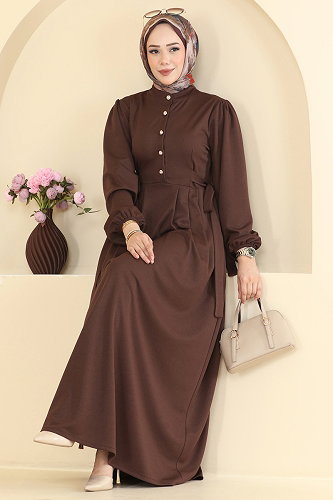 moda selvim Düğme Detaylı Kemerli Elbise 24045UKBK1160 Kahve - Thumbnail