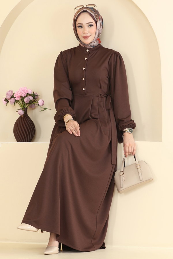 Modaselvim Elbise Düğme Detaylı Kemerli Elbise 24045UKBK1160 Kahve