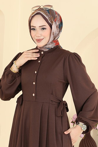moda selvim Düğme Detaylı Kemerli Elbise 24045UKBK1160 Kahve - Thumbnail