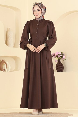 moda selvim Düğme Detaylı Kemerli Elbise 24045UKBK1160 Kahve - Thumbnail
