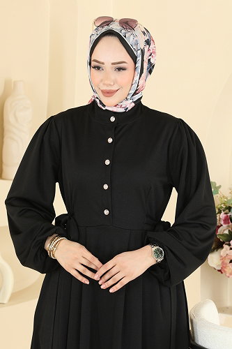 moda selvim Düğme Detaylı Kemerli Elbise 24045UKBK1160 Siyah - Thumbnail