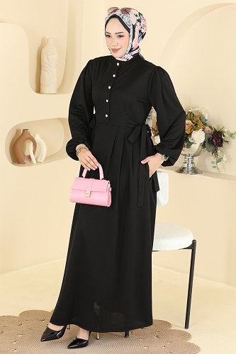 moda selvim Düğme Detaylı Kemerli Elbise 24045UKBK1160 Siyah - Thumbnail