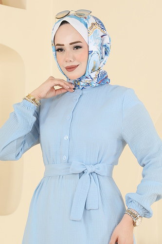 moda selvim Düğme Detaylı Kemerli Elbise 5592ZNNK1102 Bebe Mavisi - Thumbnail
