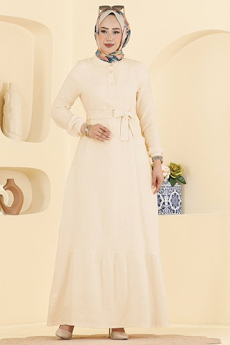 moda selvim Düğme Detaylı Kemerli Elbise 5592ZNNK1102 Krem - Thumbnail