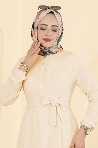 moda selvim Düğme Detaylı Kemerli Elbise 5592ZNNK1102 Krem - Thumbnail