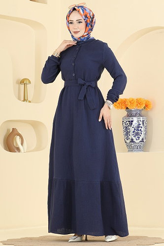 moda selvim Düğme Detaylı Kemerli Elbise 5592ZNNK1102 Laci - Thumbnail