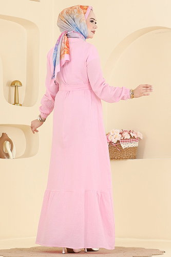 moda selvim Düğme Detaylı Kemerli Elbise 5592ZNNK1102 Pembe - Thumbnail