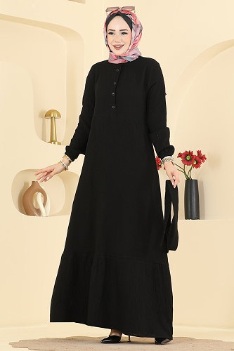 moda selvim Düğme Detaylı Kemerli Elbise 5592ZNNK1102 Siyah - Thumbnail
