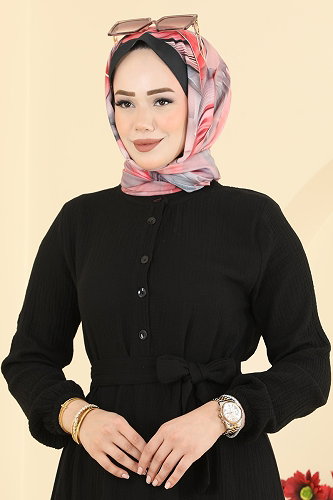 moda selvim Düğme Detaylı Kemerli Elbise 5592ZNNK1102 Siyah - Thumbnail