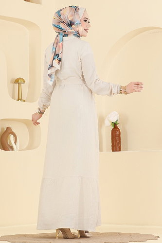 moda selvim Düğme Detaylı Kemerli Elbise 5592ZNNK1102 Taş - Thumbnail