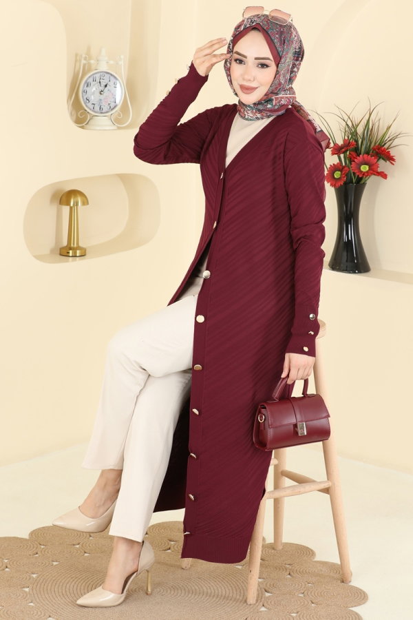Modaselvim Hırka/Yelek Düğme Detaylı Merserize Hırka 7927KLB1050 Bordo