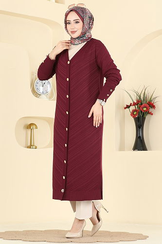 moda selvim Düğme Detaylı Merserize Hırka 7927KLB1050 Bordo - Thumbnail