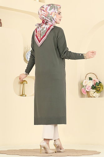 moda selvim Düğme Detaylı Merserize Hırka 7927KLB1050 Haki - Thumbnail