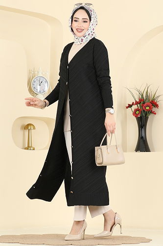 moda selvim Düğme Detaylı Merserize Hırka 7927KLB1050 Siyah - Thumbnail