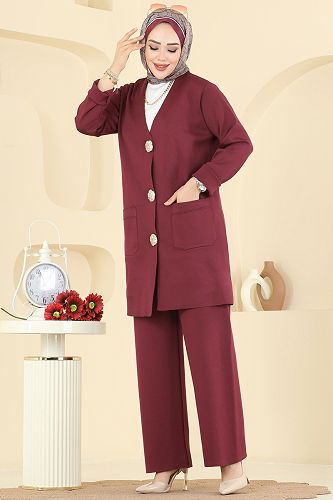 moda selvim Düğme Detaylı Merserize Takım 12611KL398 Bordo - Thumbnail