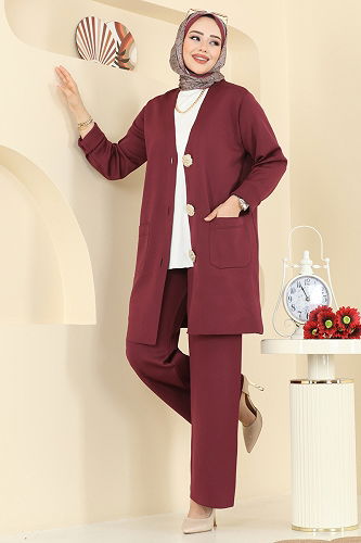 moda selvim Düğme Detaylı Merserize Takım 12611KL398 Bordo - Thumbnail