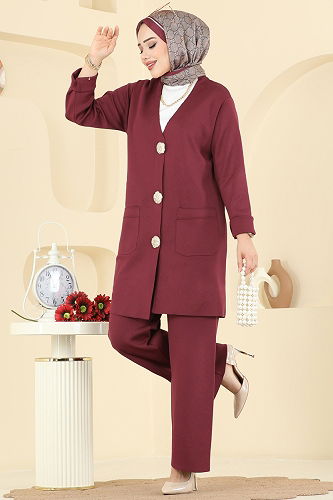 moda selvim Düğme Detaylı Merserize Takım 12611KL398 Bordo - Thumbnail