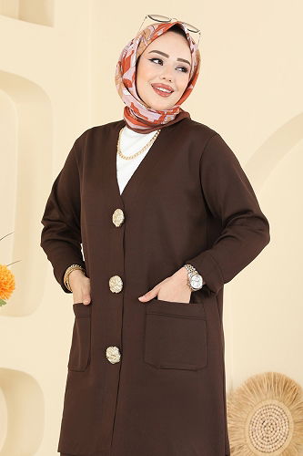 moda selvim Düğme Detaylı Merserize Takım 12611KL398 Kahve - Thumbnail