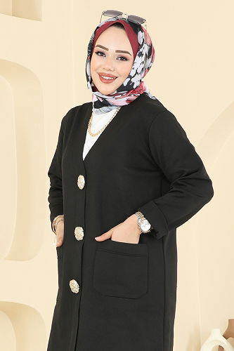 moda selvim Düğme Detaylı Merserize Takım 12611KL398 Siyah - Thumbnail