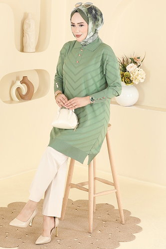 moda selvim Düğme Detaylı Merserize Tunik 3304NVX1208 Çağla - Thumbnail