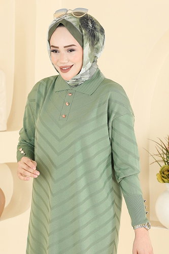 moda selvim Düğme Detaylı Merserize Tunik 3304NVX1208 Çağla - Thumbnail