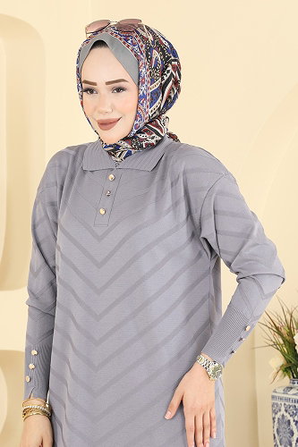 moda selvim Düğme Detaylı Merserize Tunik 3304NVX1208 Gri - Thumbnail