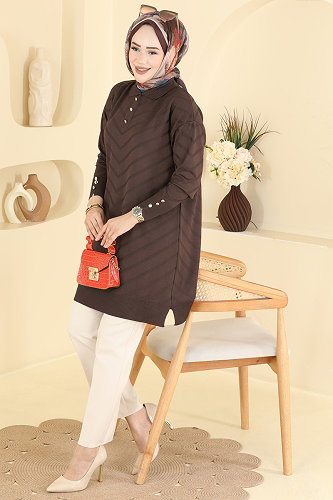 moda selvim Düğme Detaylı Merserize Tunik 3304NVX1208 Kahve - Thumbnail