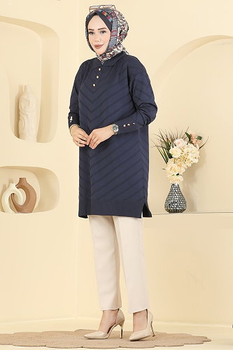 moda selvim Düğme Detaylı Merserize Tunik 3304NVX1208 Laci - Thumbnail