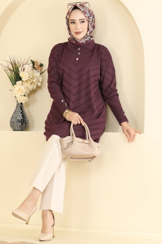 N.V.X. - Düğme Detaylı Merserize Tunik 3304NVX1208 Mürdüm