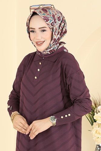moda selvim Düğme Detaylı Merserize Tunik 3304NVX1208 Mürdüm - Thumbnail