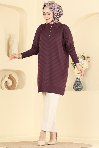 moda selvim Düğme Detaylı Merserize Tunik 3304NVX1208 Mürdüm - Thumbnail