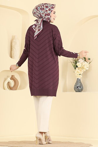 moda selvim Düğme Detaylı Merserize Tunik 3304NVX1208 Mürdüm - Thumbnail