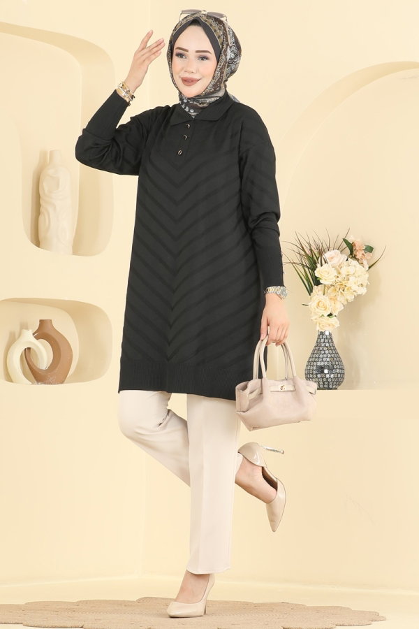 Modaselvim Tunik Düğme Detaylı Merserize Tunik 3304NVX1208 Siyah