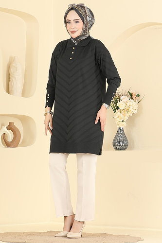 moda selvim Düğme Detaylı Merserize Tunik 3304NVX1208 Siyah - Thumbnail