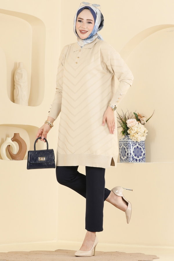 Modaselvim Tunik Düğme Detaylı Merserize Tunik 3304NVX1208 Taş