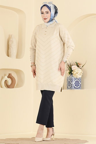 moda selvim Düğme Detaylı Merserize Tunik 3304NVX1208 Taş - Thumbnail