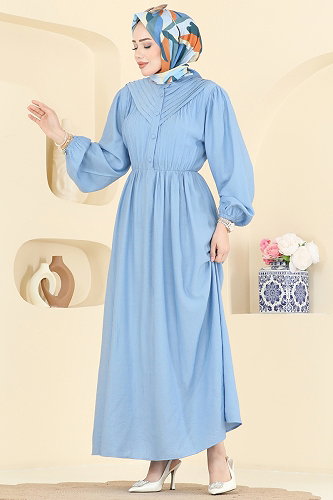 moda selvim Düğme Detaylı Nervür Elbise 382ASN888 Bebe Mavisi - Thumbnail