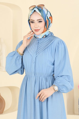 moda selvim Düğme Detaylı Nervür Elbise 382ASN888 Bebe Mavisi - Thumbnail